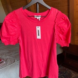 DKNY Pink Puff Sleeve Ruffled Blouse